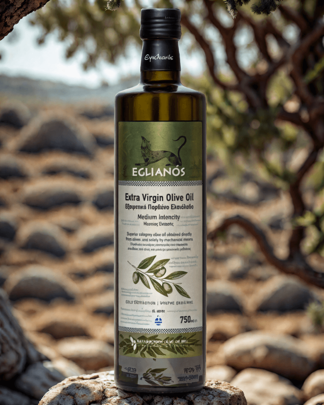 Eglianos 750ml Extra Virgin Olive Oil glass bottle with rich green label, ideal for cooking and dressings.