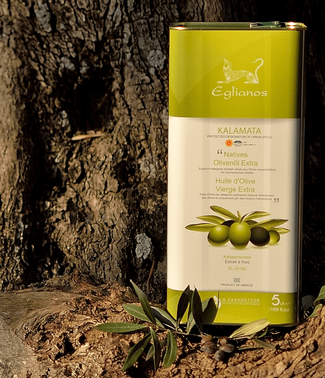 Eglianos Extra Virgin Olive Oil 5L tin can displayed with olive branches against a textured tree backdrop.